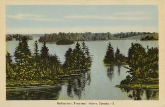 Colorized photograph of islands within a wide river.