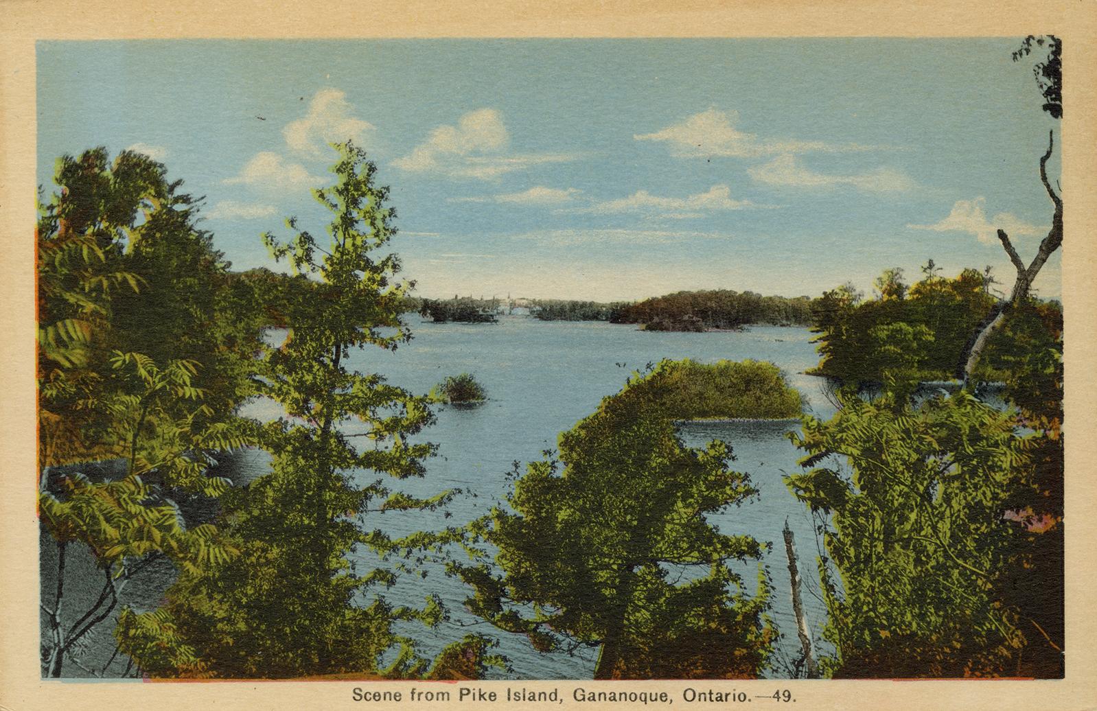 Colorized photograph of islands within a wide river.