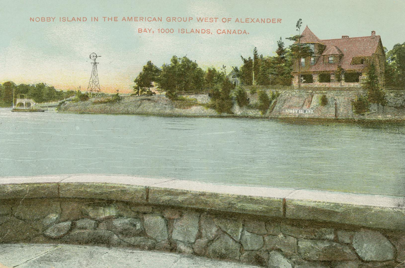 Color photograph of a view of a waterway, taken from the terrace of a summer home. 