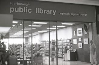 Picture of the outside of a library branch in a mall. 