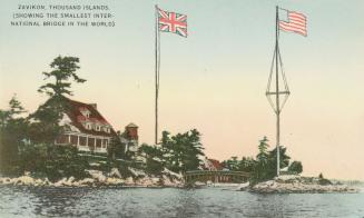 Colorized photograph of a view of a waterway, with a large summer resort on the river bank conn…