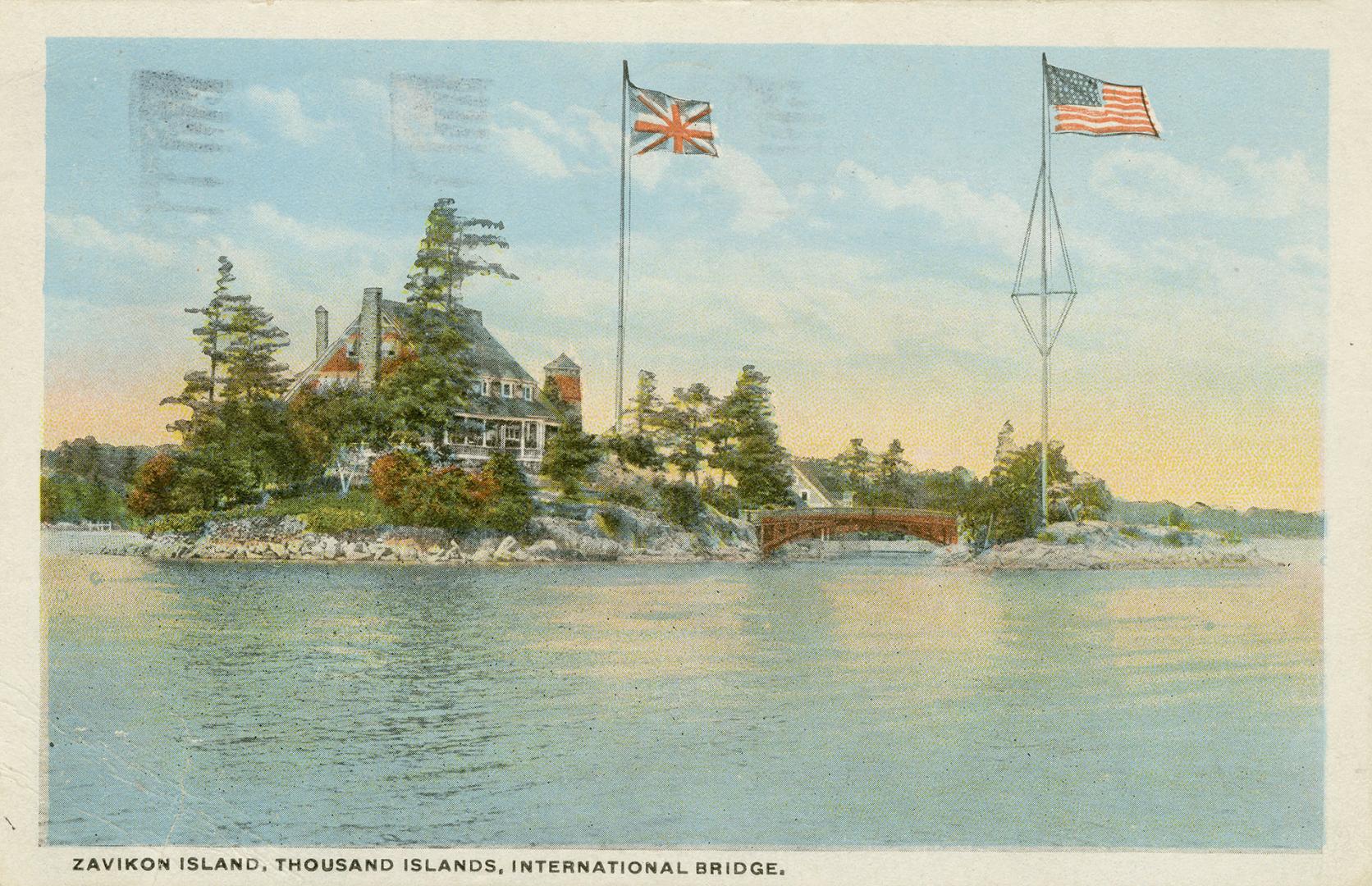 Colorized photograph of a view of a waterway, with a large summer resort on the river bank conn…