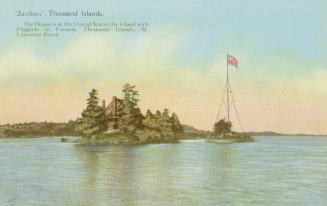 Colorized photograph of a view of a waterway, with a large summer resort on an island connected…