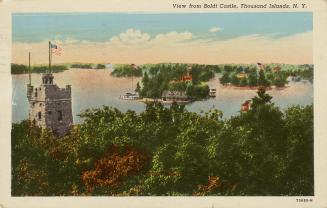 Colorized photograph of a large house on a island in the middle of a waterway. Turret of a ston…