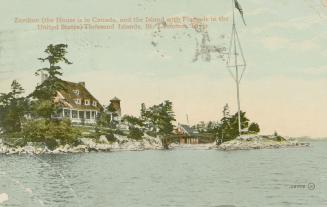 Colorized photograph of a view of a waterway, with a large summer resort on an island connected…