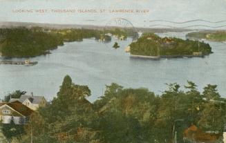 Colorized photograph of a islands with buildings on them in the middle of a river.