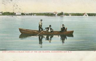 Colorized photograph of three men in a boat fishing on a body of water with large homes on the …