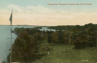 Colorized photograph of a green islands in and around a large waterway.