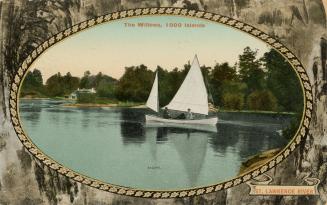 Colorized photograph of a man and a woman in a sailboat boat on a river banked by trees. Pictur…