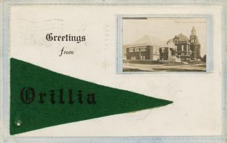 Small picture of library and City Hall set in white background with green flag saying Orillia. 