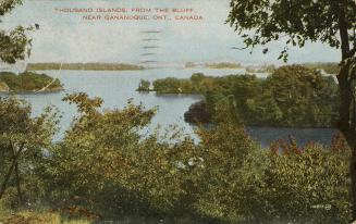 Colorized photograph of tree covered islands in the middle of a body of water.