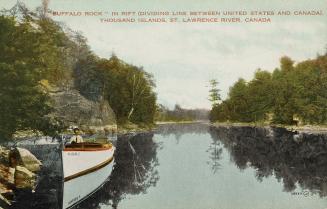 Colorized photograph of trees in covering islands in the middle of a waterway. A man is sitting…