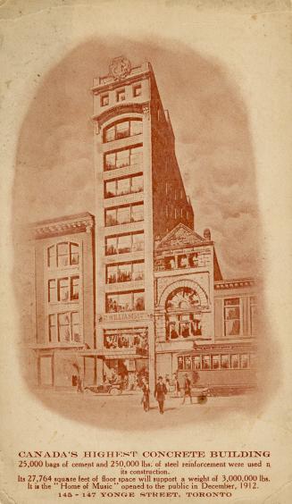 Sepia-toned postcard depicting an illustration of a tall, narrow building sandwiched between tw…