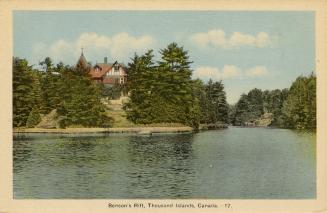  Colorized photograph of trees covering islands in the middle of a waterway. 