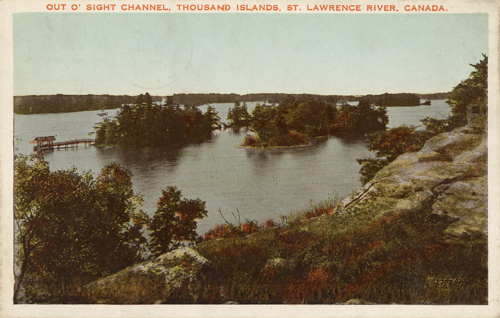  Colorized photograph of trees covering islands in the middle of a waterway. 