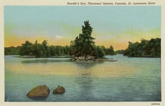 Colorized photograph of wooded islands in the middle of a lake,