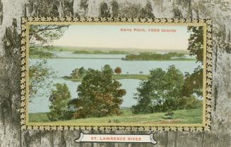 Colorized photograph of an islands within a large river. Picture is framed in birch bark.