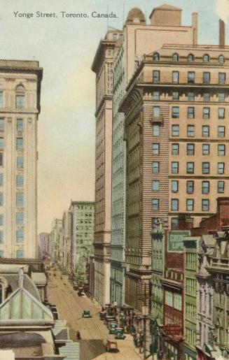 Colour postcard depicting an illustration of a view of Yonge Street looking north from Wellingt…