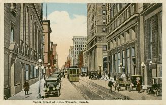 Colour postcard depicting an illustration of Yonge Street at street level looking north from ju…