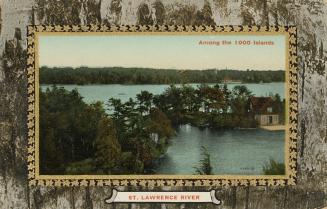 Colorized photograph of a house on an island at the edge of a wide river. Picture is in a bark …