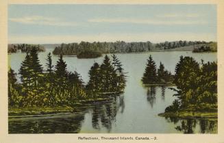 Colorized photograph of islands within a wide river.