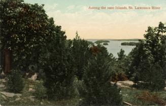 Islands in the middle of a large body of water, taken from a shoreline,