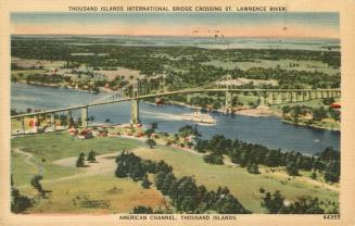 A ship passing under a large bridge spanning a river. Colorized photograph.