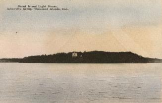 Colorized photograph of a small structure on an island in the middle of a river.