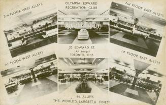 Black and white photo postcard depicting six interior views of the bowling alley at 20 Edward S…