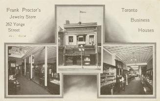 Black and white photo postcard depicting three images (two internal, one storefront photo) of a…