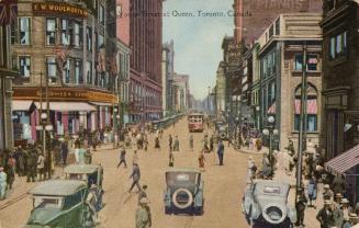 Colour postcard depicting a view of Yonge Street with a streetcar, cars, shops, and pedestrians…