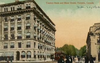 Colour postcard depicting a view of Traders Bank - later turned Royal Bank then demolished in 1…