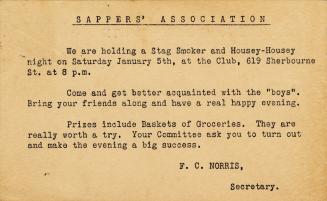 Postcard from the Sappers' Association (F.C. Norris, Secretary) to J.A. Shephard at 23 Gordon S…