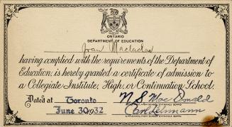 Certificate awarded to Joan Maclachlan. N.S. MacDonald (Secretary, High School Entrance Board),…