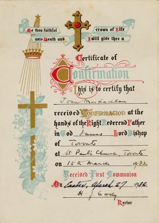 Confirmation certificate awarded to Joan Maclachlan, March 15th, 1932