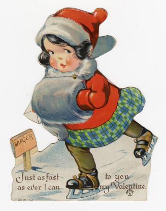 A mechanical card. A girl skates across ice holding a card with a heart on it in one hand. A ta…