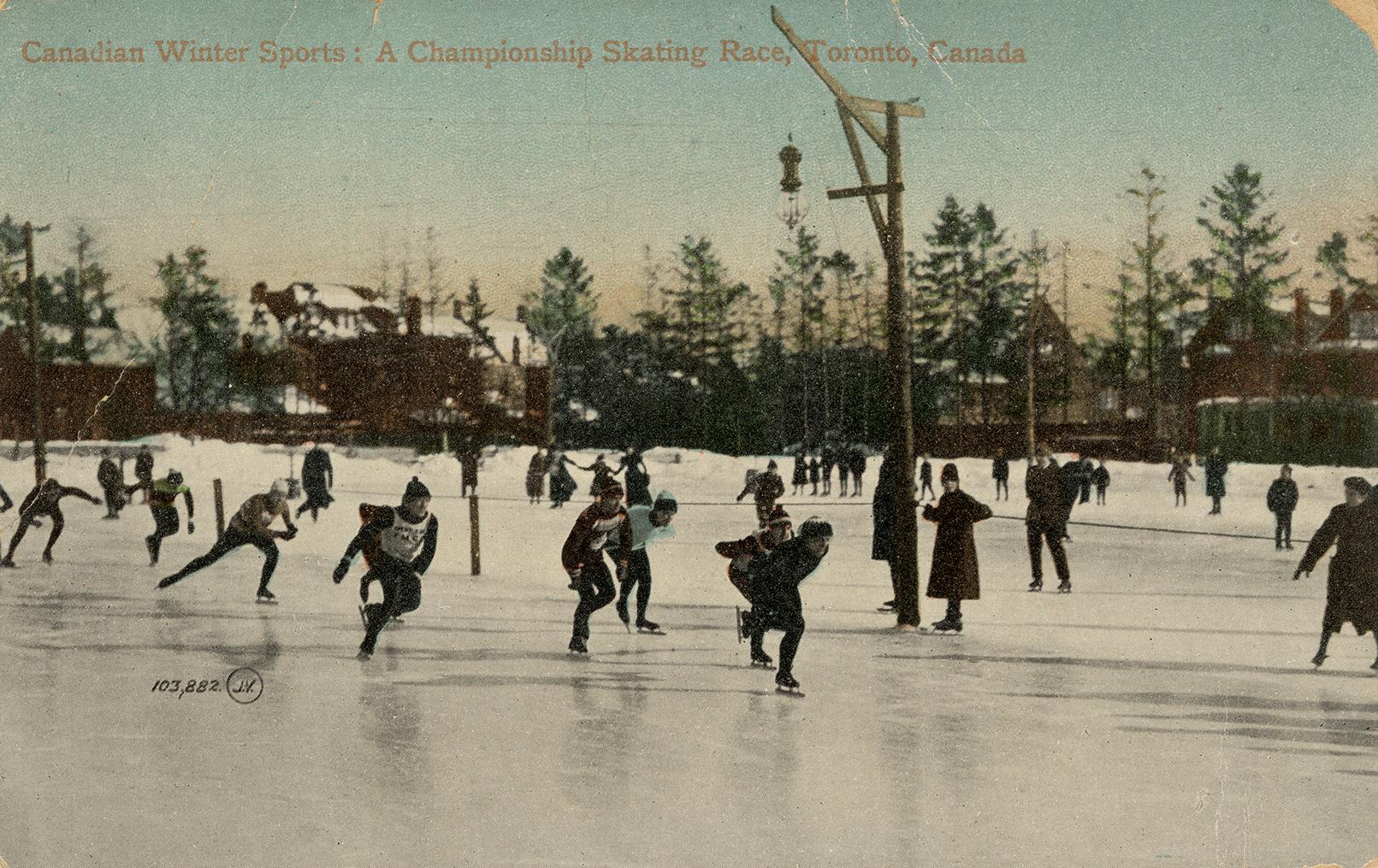 Crowds of people skating on a frozen river.