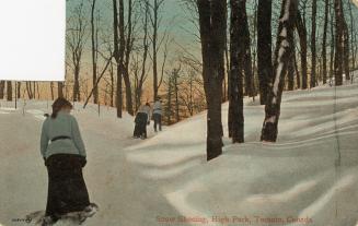 Colorized photograph of three people snow showing through a wooded area covered in snow.