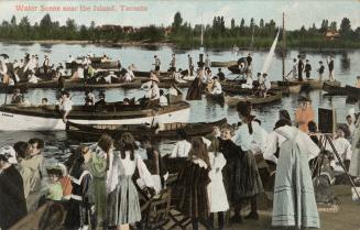 Colorized photograph of crowds of people in row and sail boats with even more people watching o…