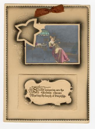 At it's centre this card holds an original, hand-coloured photographic print of a woman in a dr…