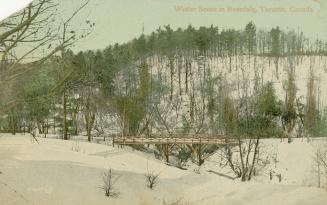 Colorized photograph of a wooded area covered in snow. Bridge spans a frozen creek.