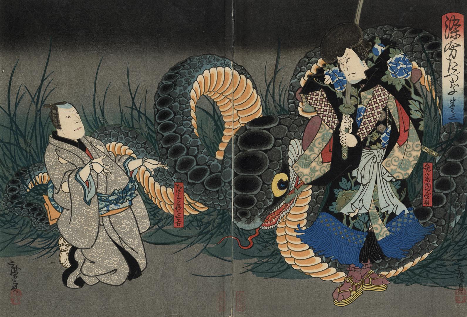 Japanese print of actors in kabuki play (polychrome)