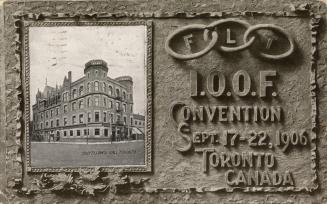 Black and white postcard depicting an inlaid photo of the exterior of the Oddfellows Hall build…