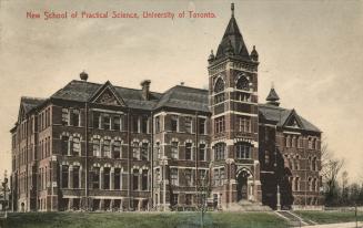 Colour postcard depicting the back exterior of a building, looking west at the building. The ca…