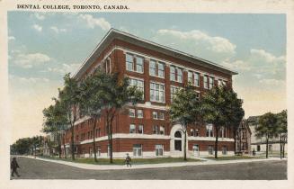 Colour postcard depicting the exterior view of a building, just east of Spadina Road. The capti…