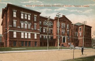 Colour postcard depicting the exterior frontage of a building, looking east at the building fro…