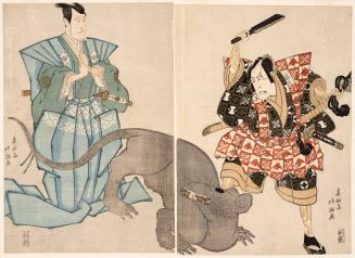 Japanese print of kabuki actors Nakamura Utaemon and Matsumoto Koshiro as Arajishi Otokonosude …