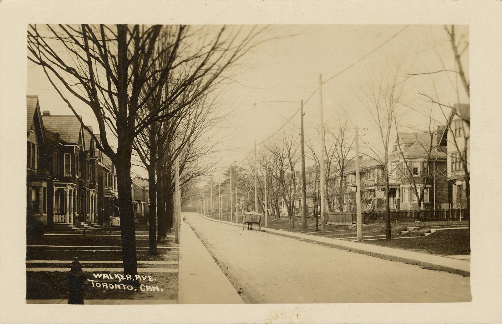 Black and white photo postcard with a white border depicting a view looking west from Yonge Str…