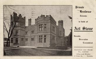 Black and white postcard with an inset photo depicting the exterior of a castle-shaped resident…