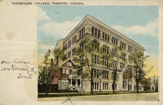 Colour postcard with an inset illustration of a 5-story building with a house directly next to …